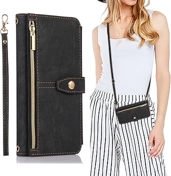 Crossbody Wallet Phone Case for Huawei P20 Lite Leather Case with Card Holder Kickstand & Wrist Strap Zipper Purse Cover Magnetic Closure Flip Handbag Shell for WomenBlack