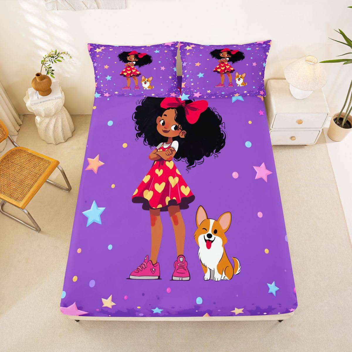 Homewish Kreskówka czarne dziewczęce prześcieradła podwójne koloful gwiazdy nadruk zestaw pościeli śliczne kropki zestaw pościeli - Kawaii łuk pies dopasowane płaskie prześcieradła 4 sztuki