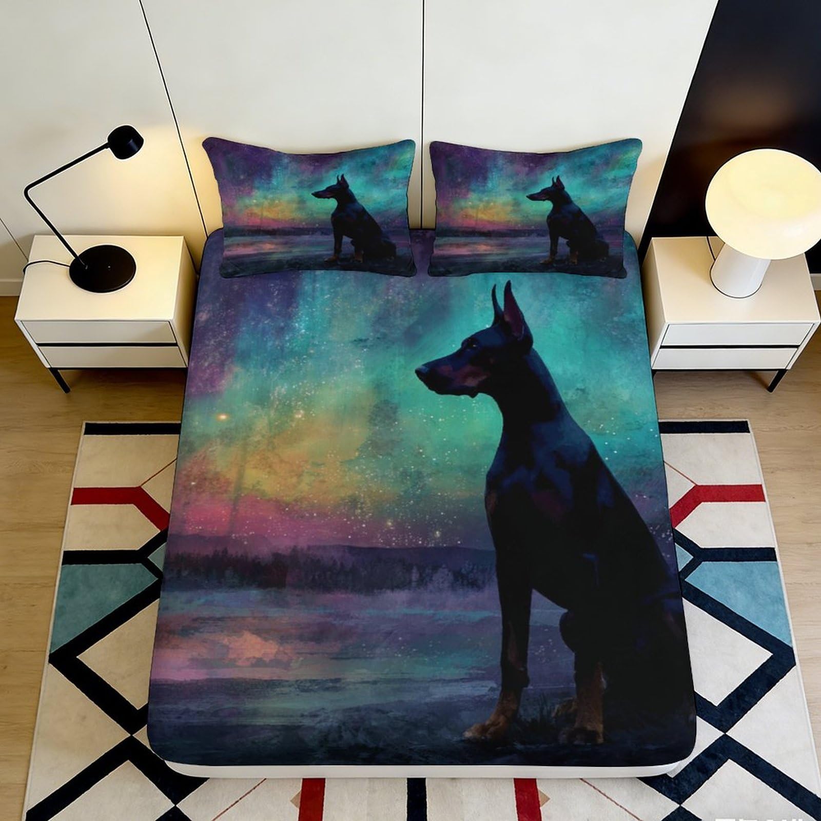 Jqzkxnhpbr Style-10 3D Printed Aurora Night Doberman Fitted Sheet Microfiber Soft Mattress Cover For Bedroom Decor Protection 90X200x25cm