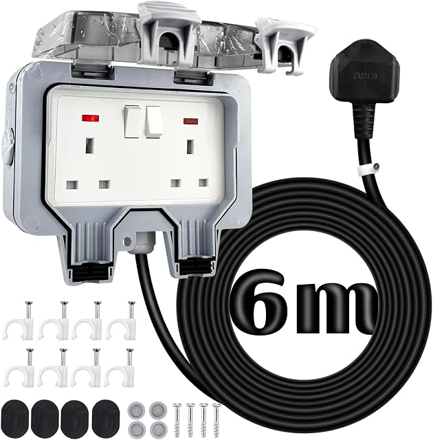 Outdoor Sockets Weatherproof with 6M/20FT Extension Cable, 2 Gang Extension Lead 6M Outdoor Socket Waterproof 13A IP66 Double Socket Outside Wall Electrical Switched Plug Sockets Box