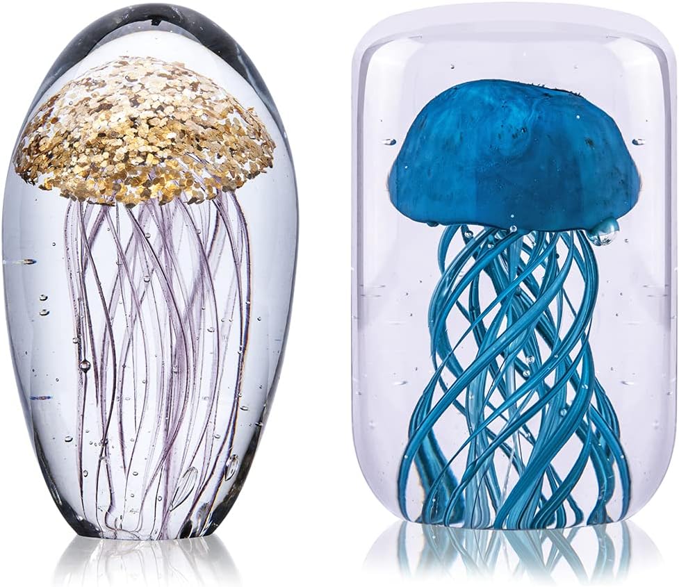 QFkris Hand Blown Glass Jellyfish Figurines Collectibles Ornament, Glass Paperweight