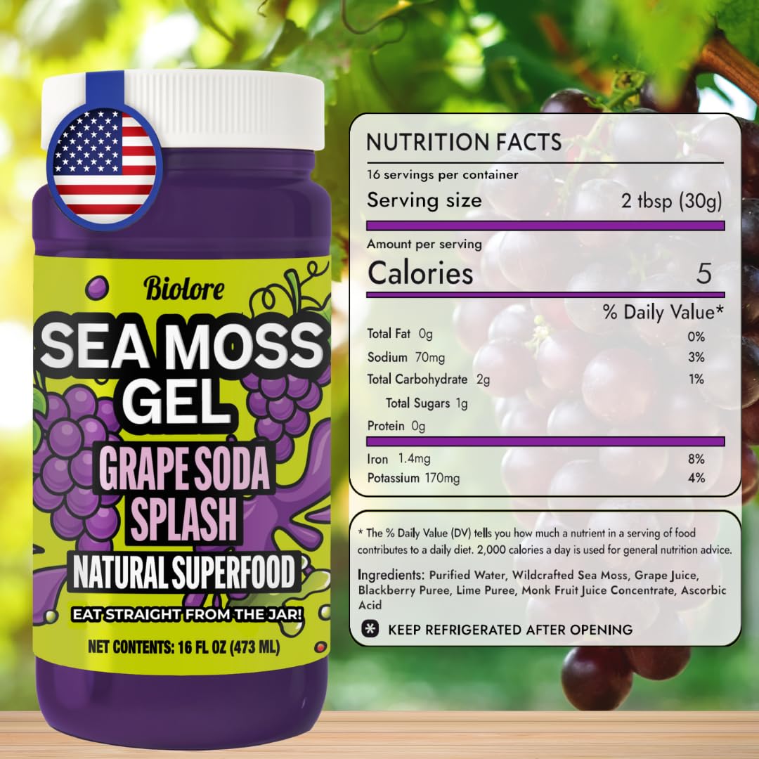 Biolore Sea Moss Gel Superfood – Grape Splash, 16 oz | 2-Week Supply | Wildcrafted Sea Moss Jelly with Minerals & Electrolytes, Vegan, Made in USA