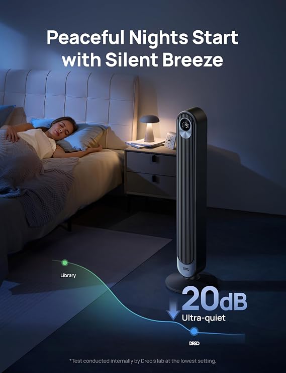 DREO Tower Fan for Bedroom, 28 ft/s, 20dB Quiet Fans that Blow Cold Air, 9 Speeds, 4 Modes, 12H Timer, Oscillating Cooling Standing Floor Fan Powerful for Indoor Home Office Room, LED Display, 42 inch