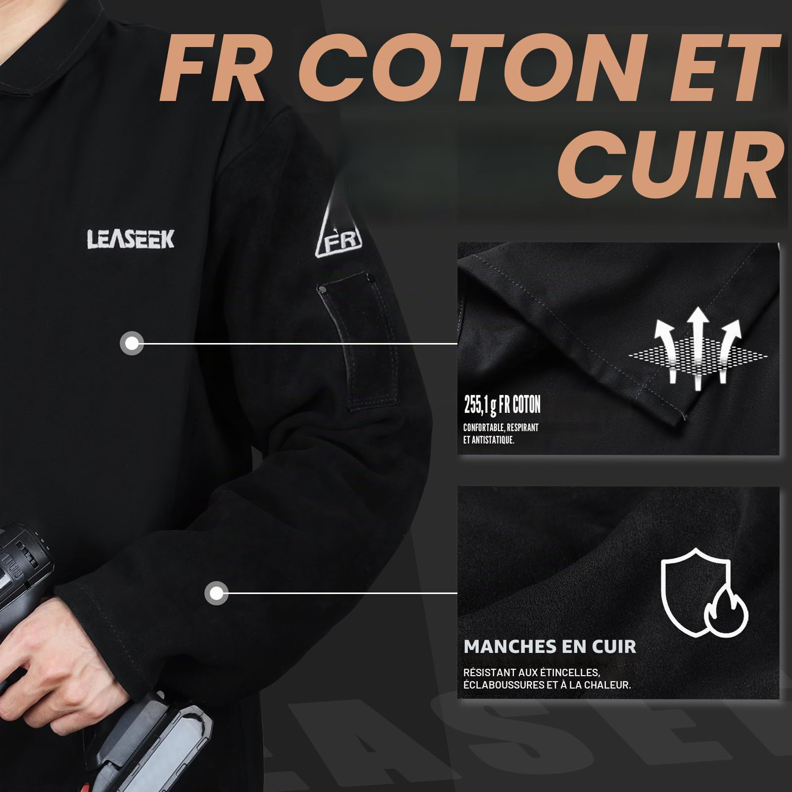 LeaSeek Veste de soudage ignifuge en coton avec manches en cuir, manteau de soudeur de sécurité au travail pour homme et femme