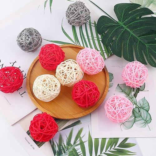 Miniatura 4 de DomeStar 24 bolas de ratán rosa, bolas decorativas para el día de San Valentín para centro de mesa, bolas de mimbre bonitas de 2 pulgadas, rellenos