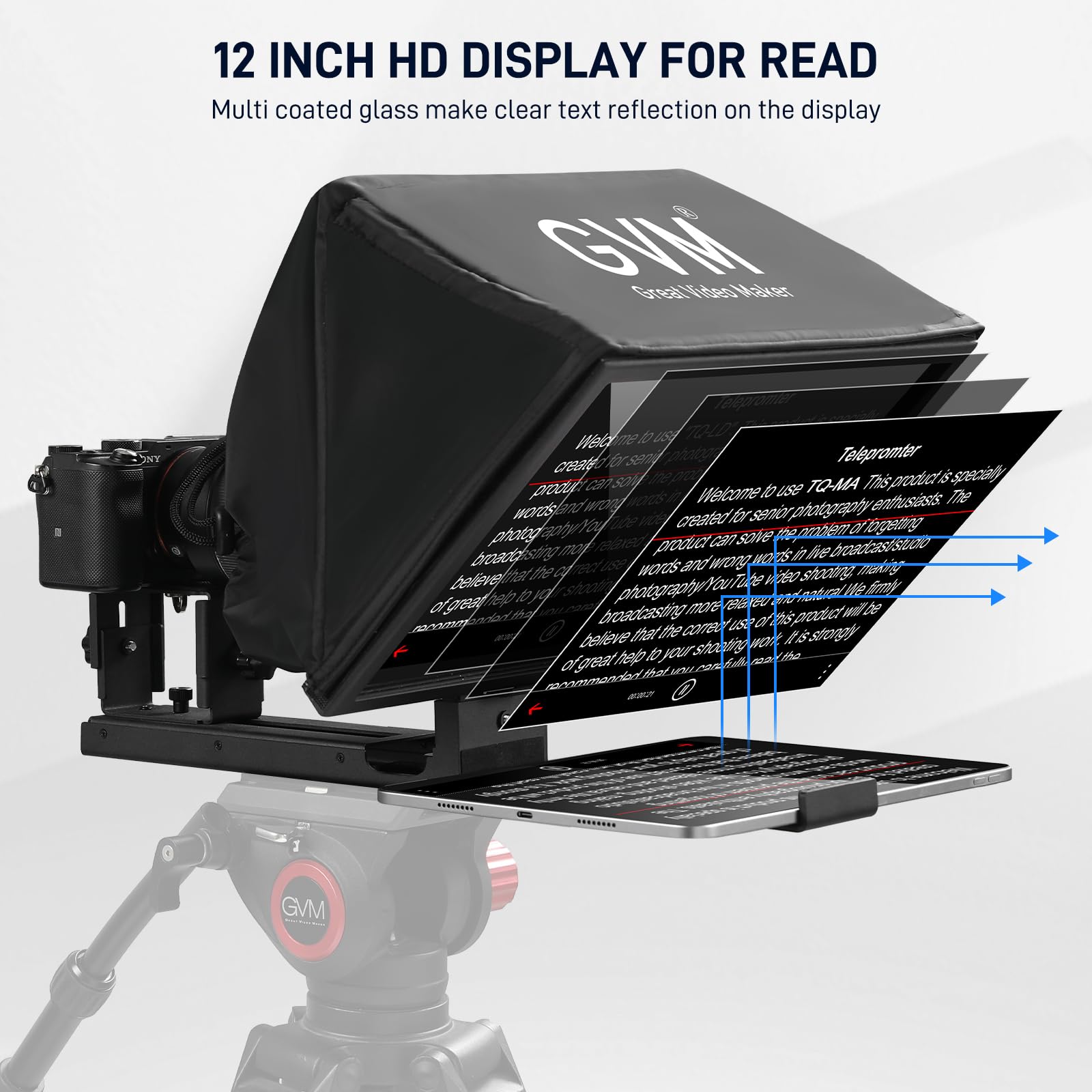 GVM Téléprompteur 12" avec télécommande et Application, téléprompteur Pliable pour Tablette, téléphone, Appareil Photo Reflex numérique, prompteur avec Sac de Transport, écran HD réfléchissant, pour