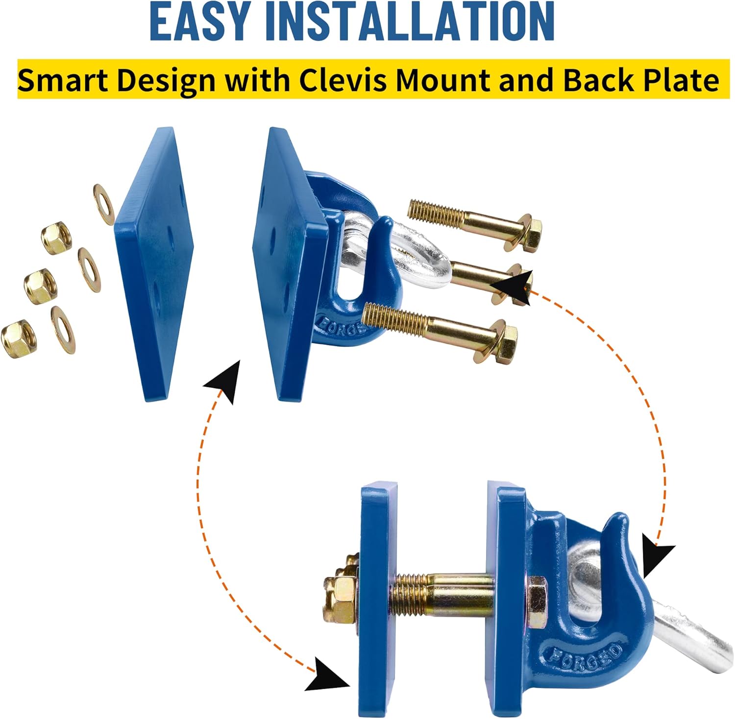 Tractor Bucket Hooks, Bolt On Clevis Mount with 1/2” Shackle, 5/16”Grab Hooks G70 Steel, Shackles Mount with Backer Plate, Heavy Duty Tow Hook for SUV RV UTV Tractors Bucket(Blue)