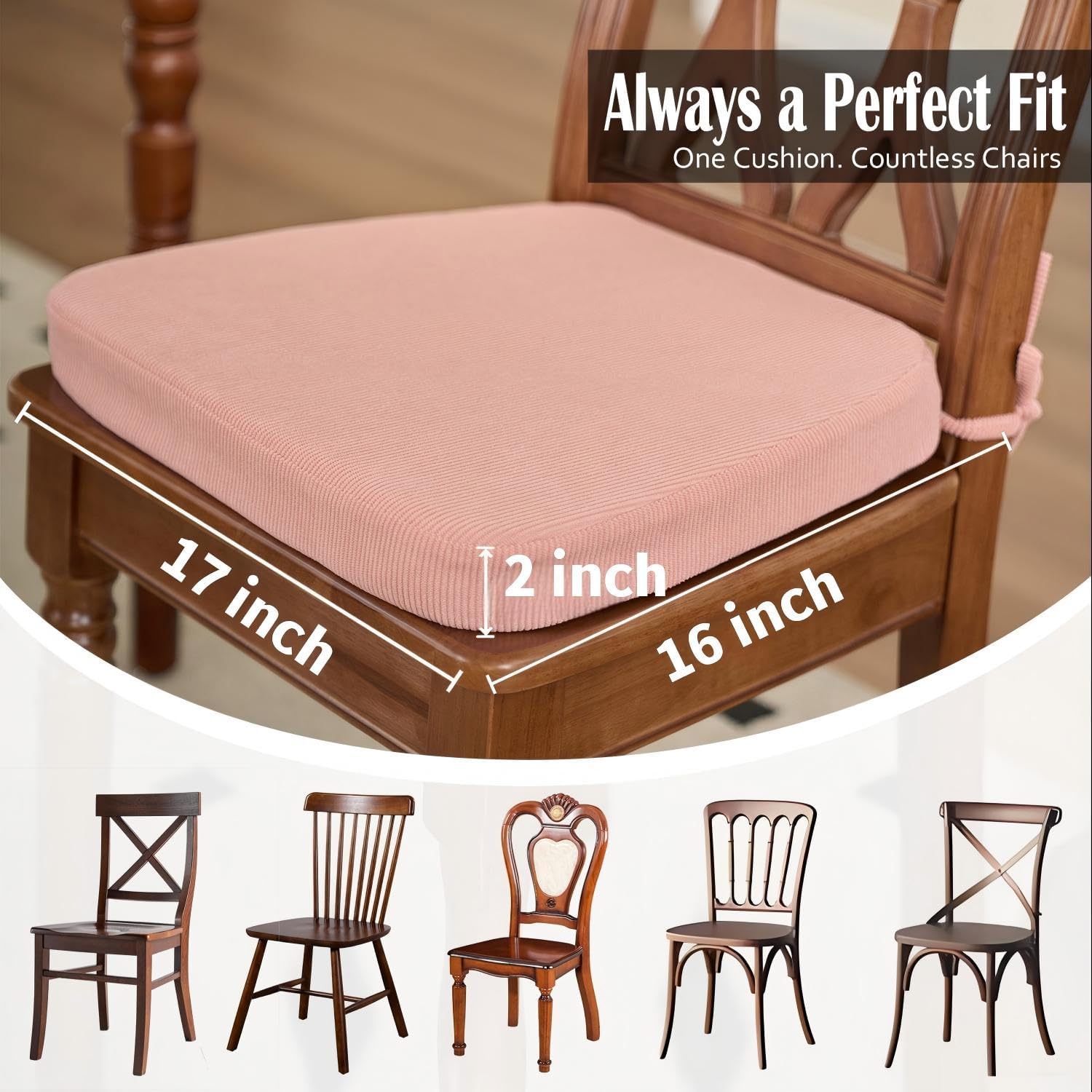 Nobildonna 2'' Thick High-Density Foam Indoor Chair Cushions | Dining Chair Pads with Ties, Removable Washable Cover, Dining Chair Cushions 17"x16", Pink 2 Pack