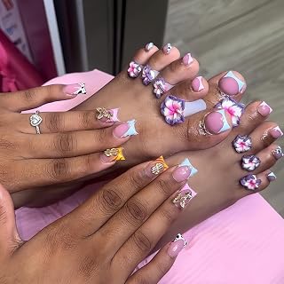48Pcs Colorful French Tips Press on Toenails Duck Press on Nails Short False Nails with 5D Dollar Butterfly Charms Design Cow Fake Toenails Glossy Reusable Zebra Fake Nails Set for Women DIY Manicure