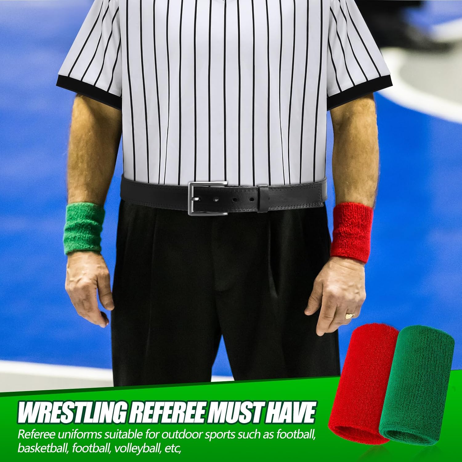 Cutecrop Wrestling Referee Shirt and Wrestling Wrist Bands Set 1 Pcs Official Performance Ref Jersey Uniform Referee Costume with Black Pinstripes 4 Pcs Red and Green Wrestling Arm Bands for Match
