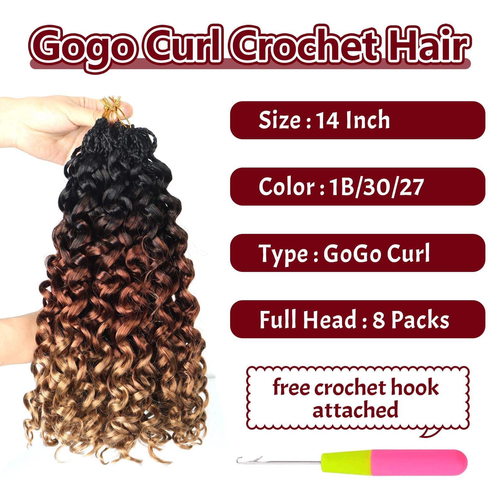 Datanala GoGo Curl Crochet Hair 12 Inch Water Wave 8 Packs Long Beach Curl Crochet Braiding Hair Synthetic Extensions For Women (T1B/30/27 - Image 4