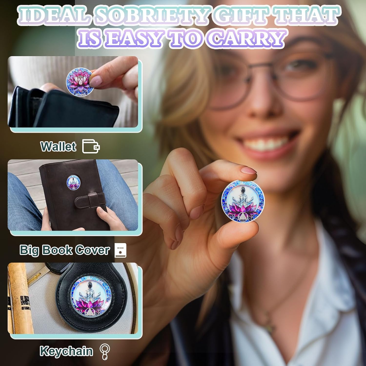 Meditation on the Lotus 1 Year Sobriety Coin - Rebirth & Calm AA Coin, Stained Glass Style Recovery Chip to Celebrate Alcohol Free Anniversary, Clean Living Sobriety Gifts for Women
