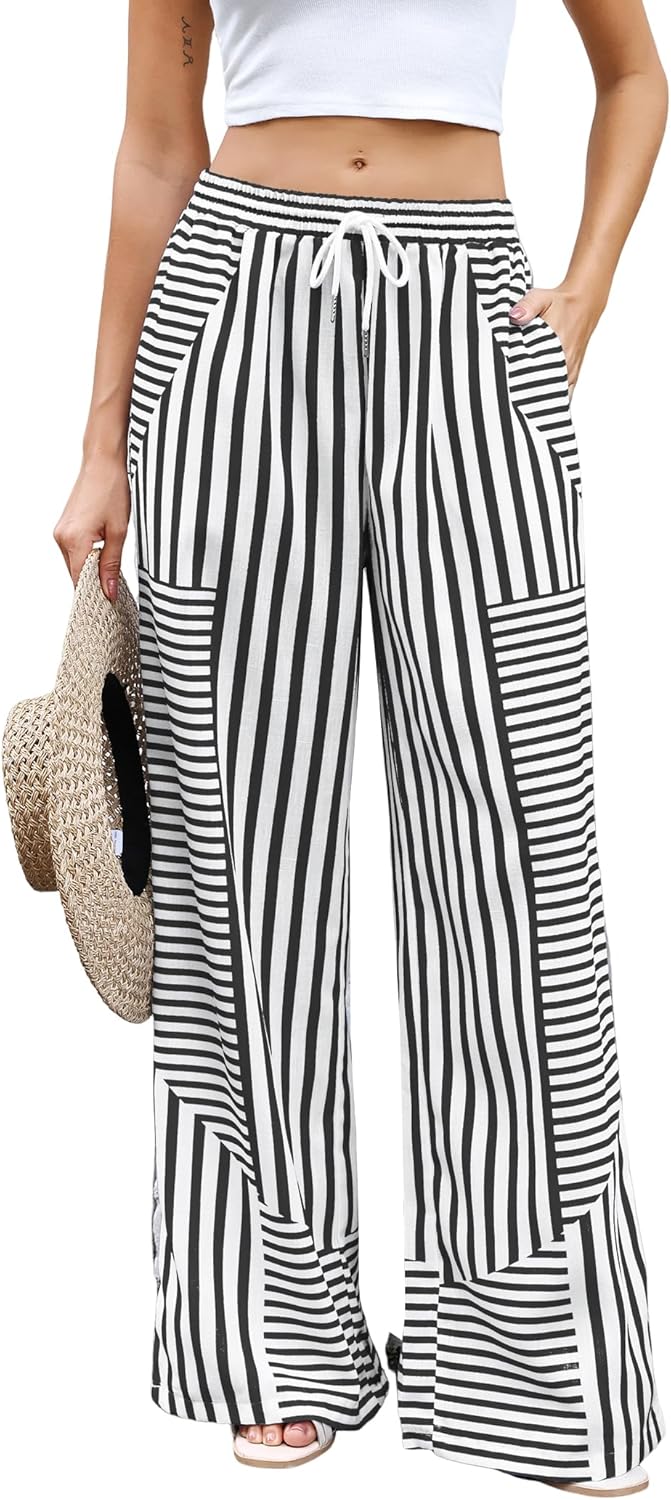 ZAFUL Womens Linen Pants Wide Leg Casual Palazzo Pants Striped Casual Drawstring Elastic Waisted Lounge Trousers with Pockets