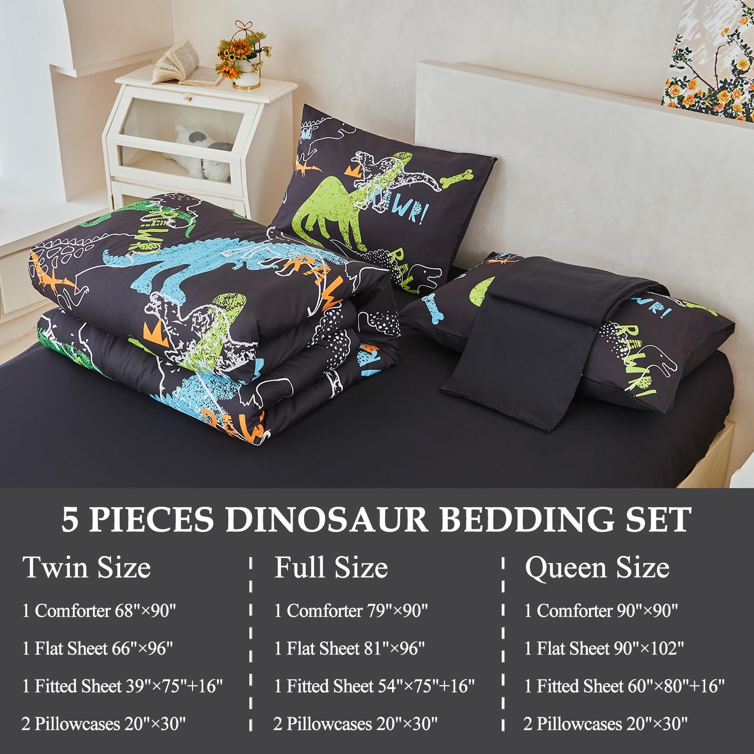 5 Pieces Queen Size Kids Bedding Set Boys Dinosaur Comforter Sets Cartoon Dinosaur Bed in A Bag Warm Fluffy Teens Black Bed Set for Dino Room Decor(Black, Queen)