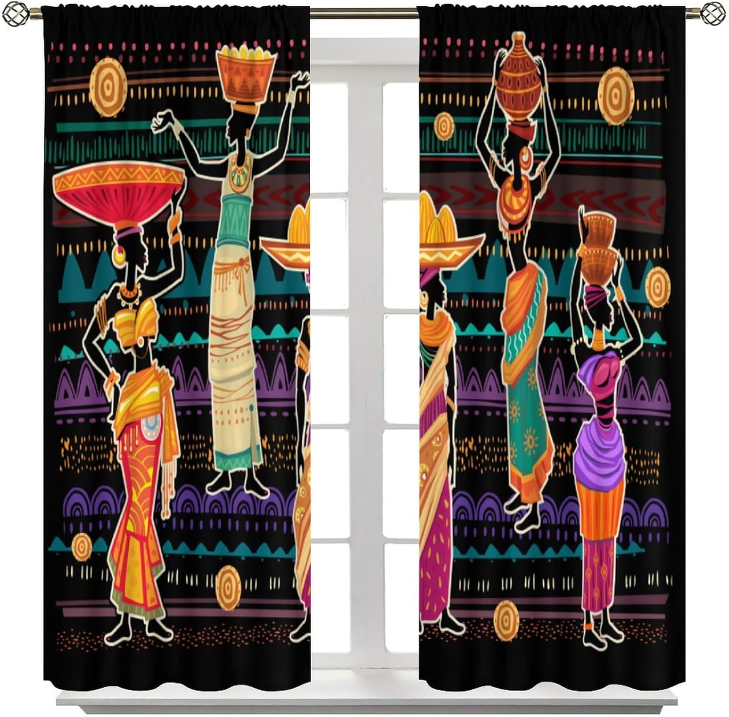 Country Farmhouse African Black Woman Blackout Curtains, Abstract Bohemian Tribal Ethnic Ancient Window Drapes, for Living Room Bedroom 42" W X 45" L