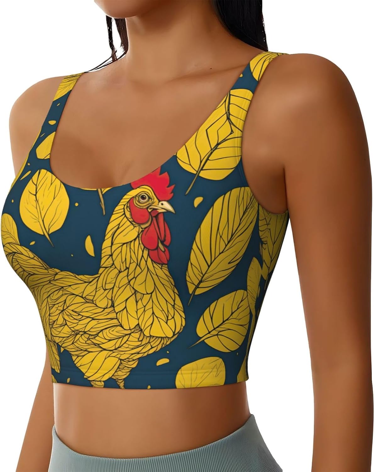Yellow Leaves Chicken Print Sports Bra For Women,Padded,Racerback,Perfect For Yoga,Workout And Running