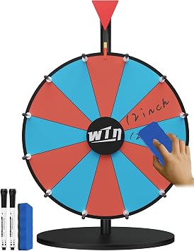12 Inch Tabletop Prize Wheel Spinner, Heavy Duty Spin Wheel with Stand, Red and Blue, Dry Erase Surface, Includes 2 Markers and Eraser