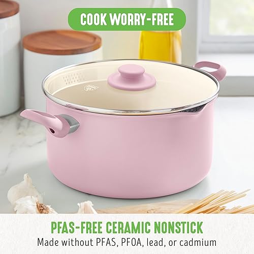 Miniatura 2 de GreenLife SoftGrip - Olla antiadherente de cerámica saludable, 6 cuartos de galón con tapa y tapa coladora, sin PFAS, apta para lavavajillas, rosa