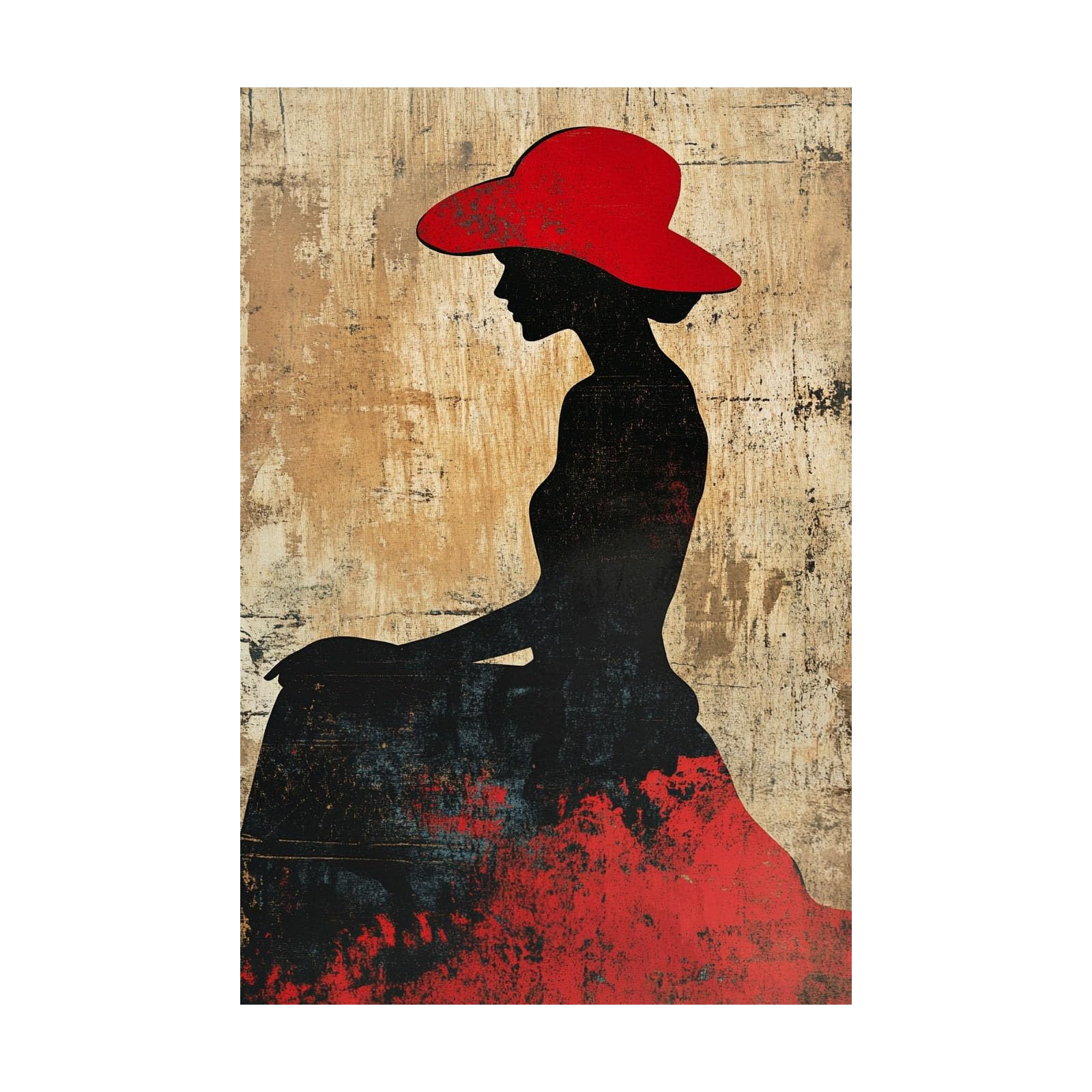 TERUEA Canvas Wall Art for Women Vintage Red Hat Woman Silhouette Retro Painting Bathroom Wall Decor,(Red)-70x100cm Unframed