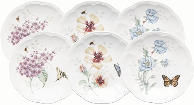 Lenox Dinnerware Set, Butterfly Meadow 6-Piece Tidbit Plate Set, Service For 6, Durable Porcelain Appetizer Plates, Dishwasher And Microwave Safe, Ceramic Plates, Salad Plate Assorted, 6 Piece