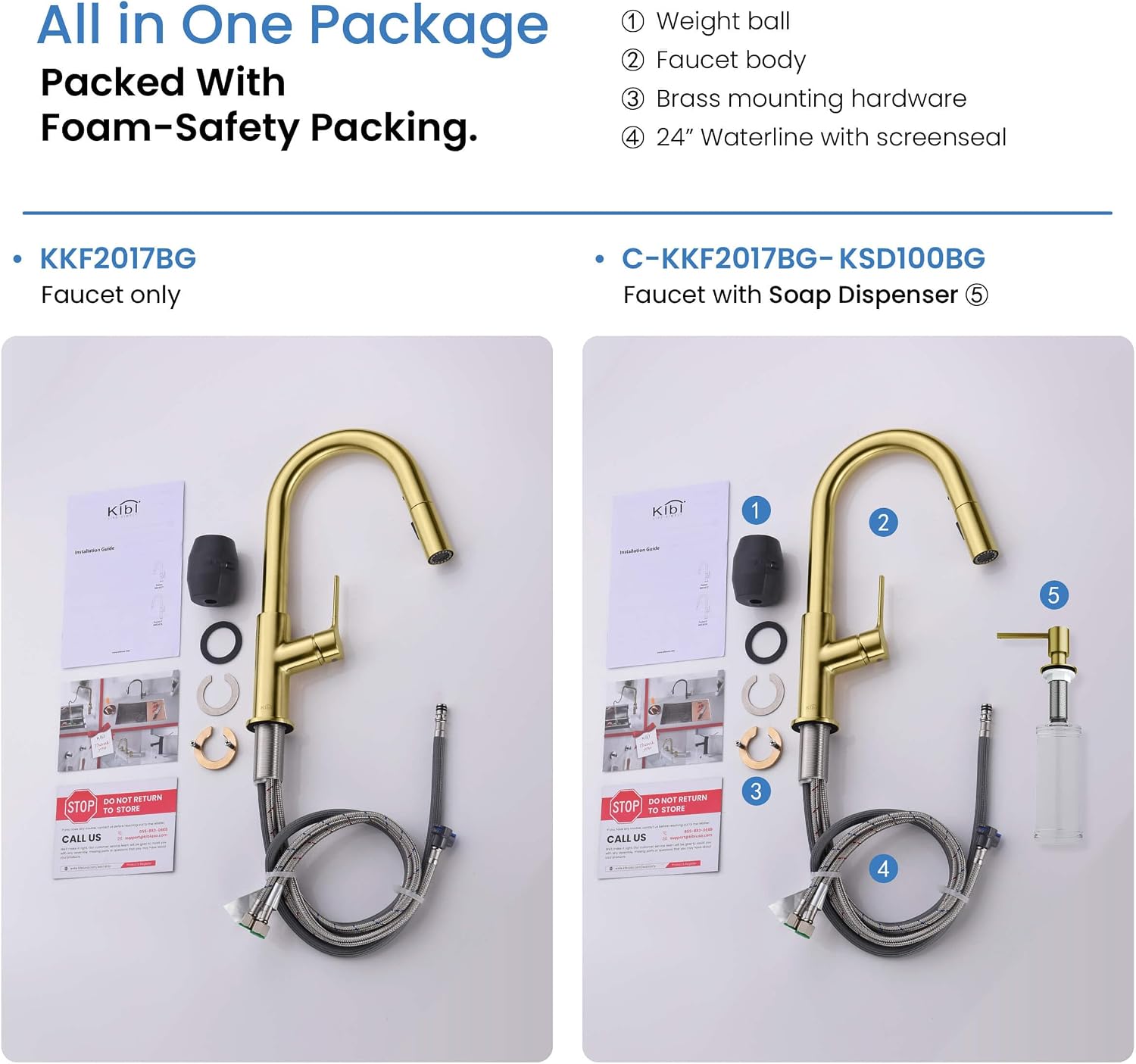 KIBI Fusion Single Handle Pull Down Kitchen Faucet | Solid Brass High Arc Spout with 360 Degree Swivel | Pull Down Sprayer for Kitchen and Bar Sinks, Easy Installation | Brushed Gold, KKF2017