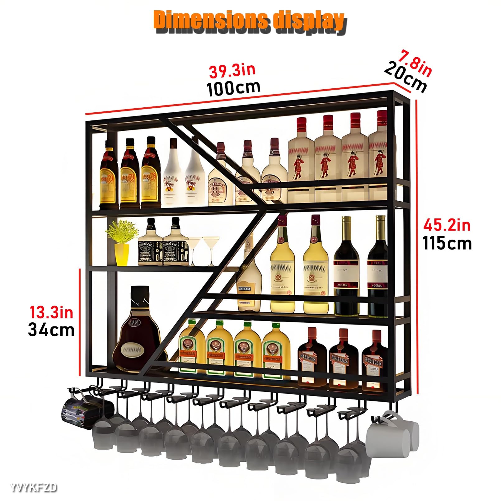Étagère flottante en métal avec éclairage LED pour affichage mural de bouteilles de vin et d'alcool - Solution de rangement multifonction peu encombrante