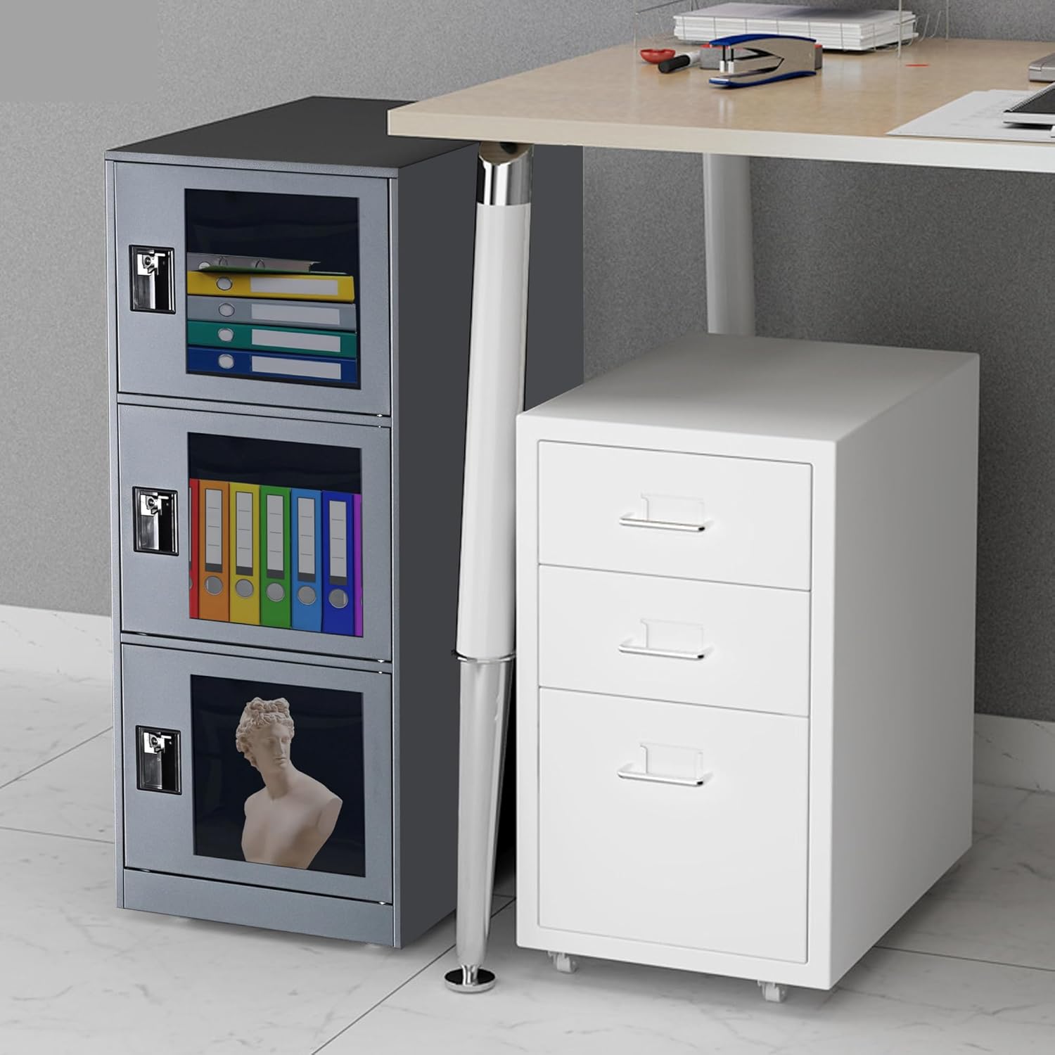 MECOLOR Small Storage Cabinet Locker with Padlock Latch, Office Filing Cabinet with 3 Doors, Locking Storage Organzier for Bedroom, Corner Storage Cabinet for Livingroom, Gym (Gray, G3D)