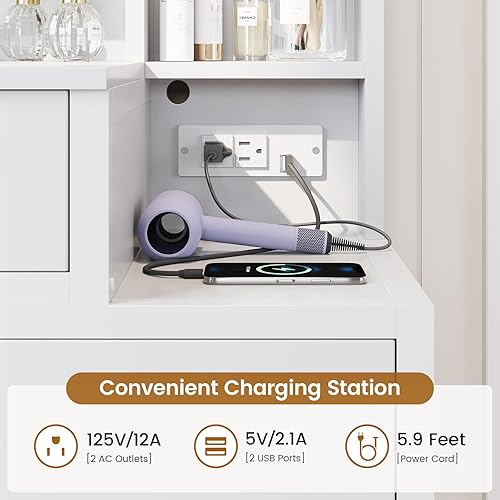 Miniatura 2 de Tiptiper - Tocador de maquillaje blanco con 10 bombillas, mesa de tocador moderna con espejo y 3 modos de iluminación, mesa de maquillaje con 2