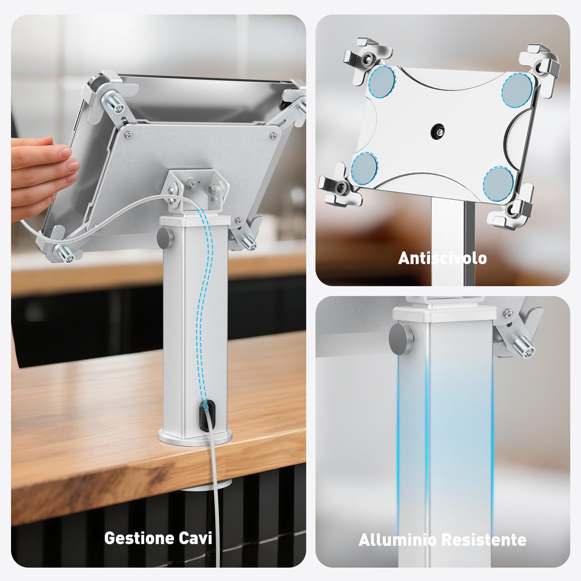 AboveTEK Supporto da scrivania per iPad, supporto per tablet antifurto regolabile con rotazione a 360° e inclinazione a 180°, adatto a tablet da 9,7" a 13", perfetto per il lavoro-Argento