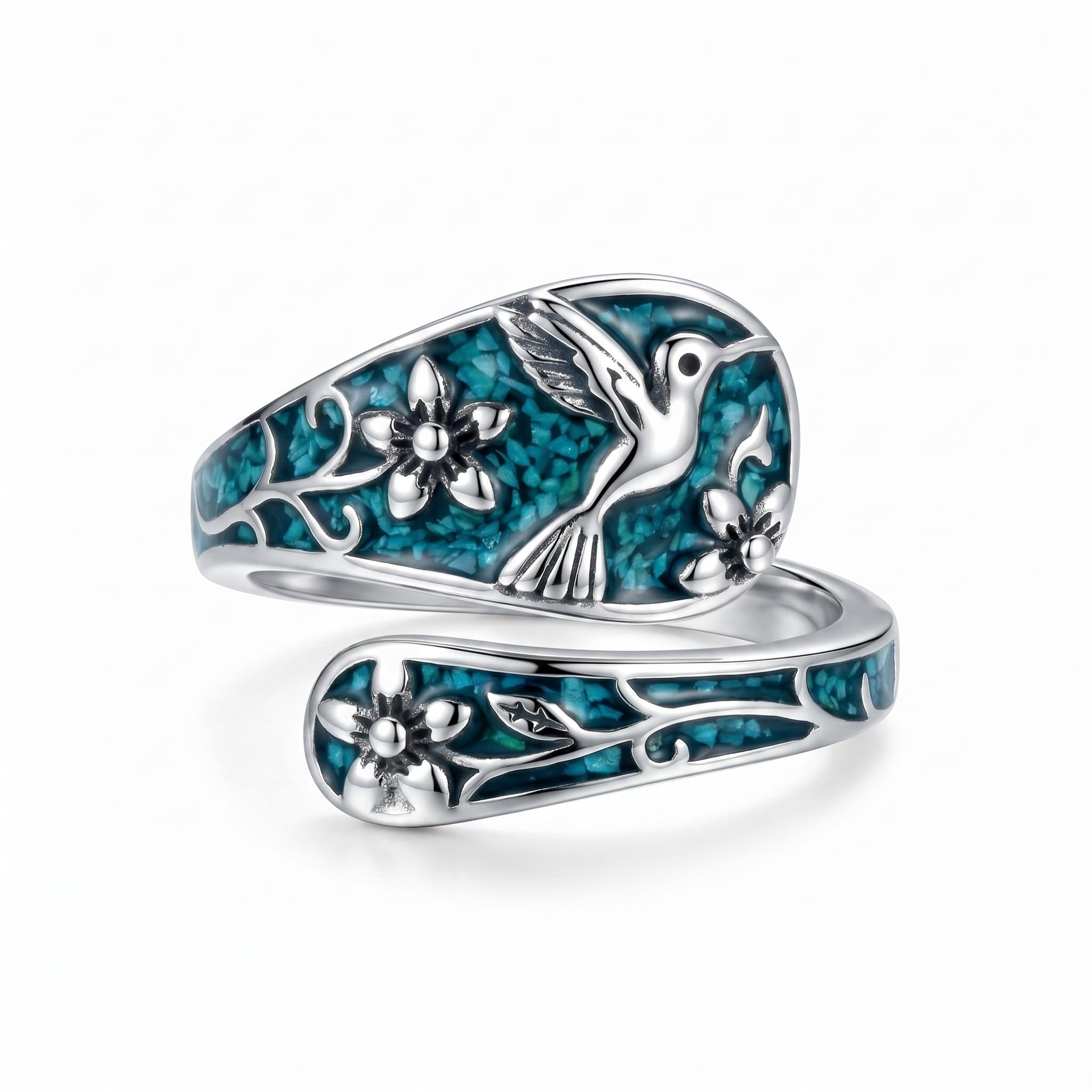 Hummingbird Spoon Rings for Women 925 Sterling Silver Turquoise Adjustable Ring Antique Floral Jewelry Anniversary Birthday Gift for Girlfriend Mom