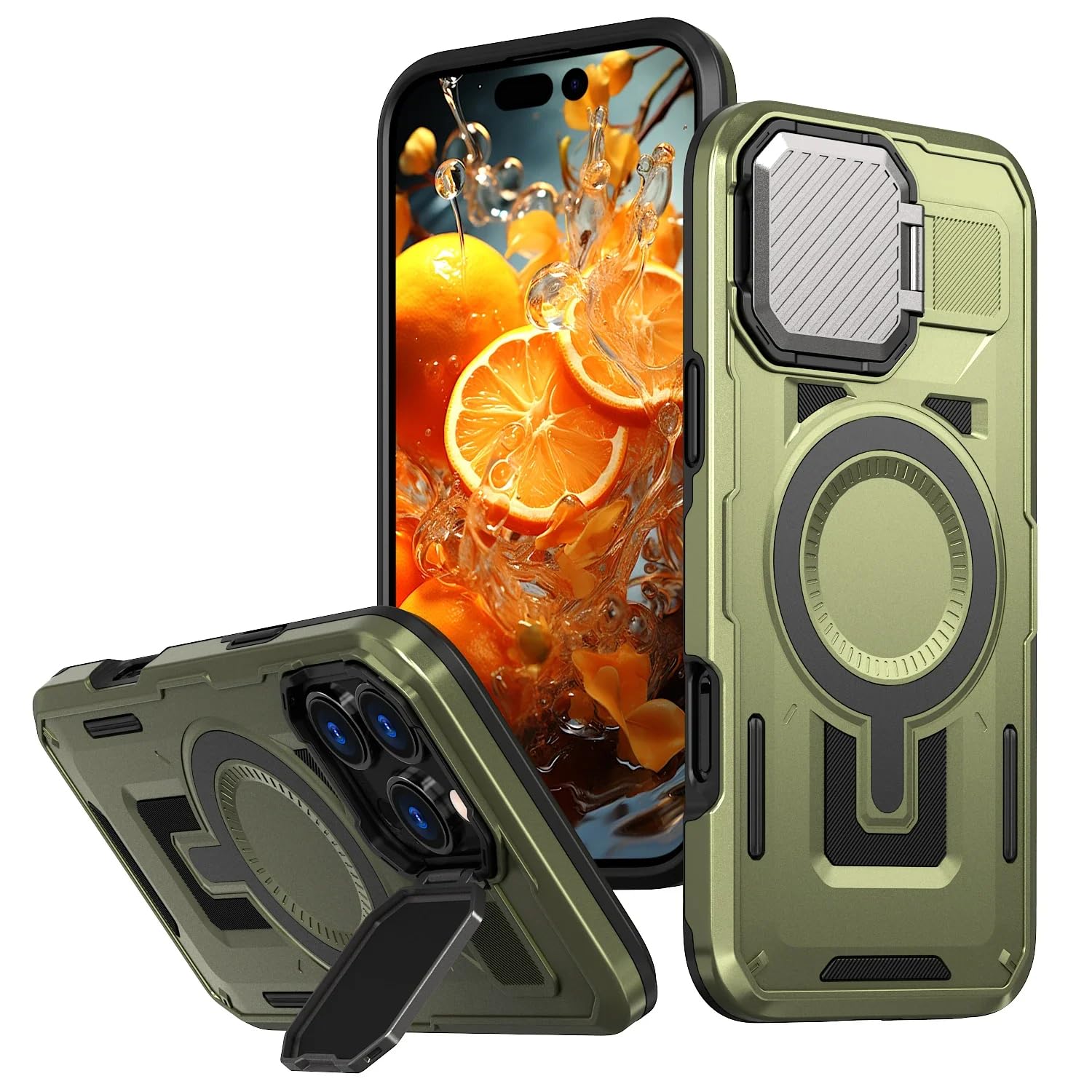 Coque iPhone 16 Pro verte antichoc béquille magnétique support rigide