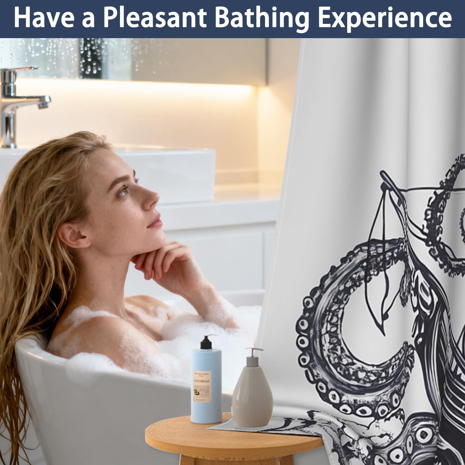 Nautical Shower Curtain with Snap in Liner, Octopus Tentacles with Ship Sailboat Ocean Kraken Retro Bathroom Curtains Decor, Waterproof Fabric No Hook Shower Curtain with Split Ring Design, 71x74 Inch