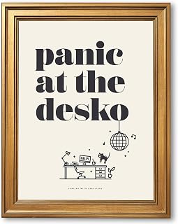 Gold Framed Vintage Panic at the Desko Wall Art Funny Cat Office Poster Humor Dancing with Deadline Canvas Painting Print Retro Modern Minimalist Picture for Home Workspace Decor 12x16inch
