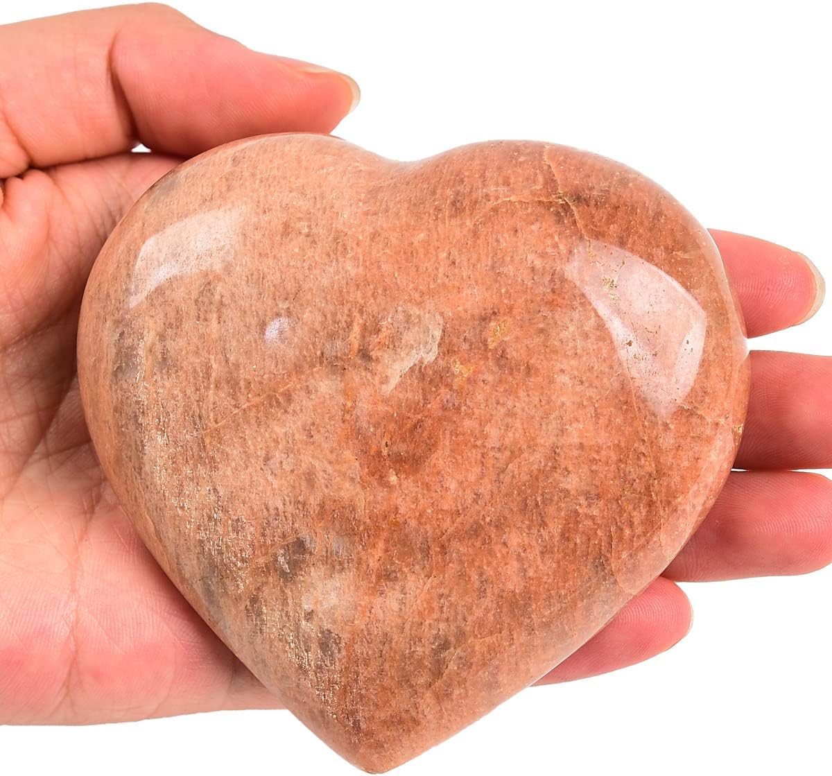 JIC Gem Large Orange Moonstone Heart Shaped Healing Crystal Love Palm Worry Stone Pocket Gemstone with Display Stand Chakra Balancing Chakra Balancing 3-3.3 Inch