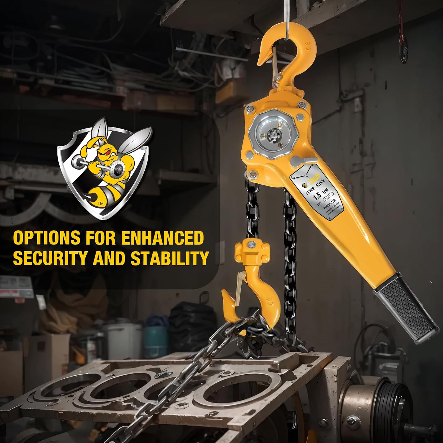 yellow jacket 1.5 ton manual lever chain hoist, g80 galvanized carbon steel with weston double-pawl brake, chain come along and safety measures for chain fall 1-1/2 ton 5ft