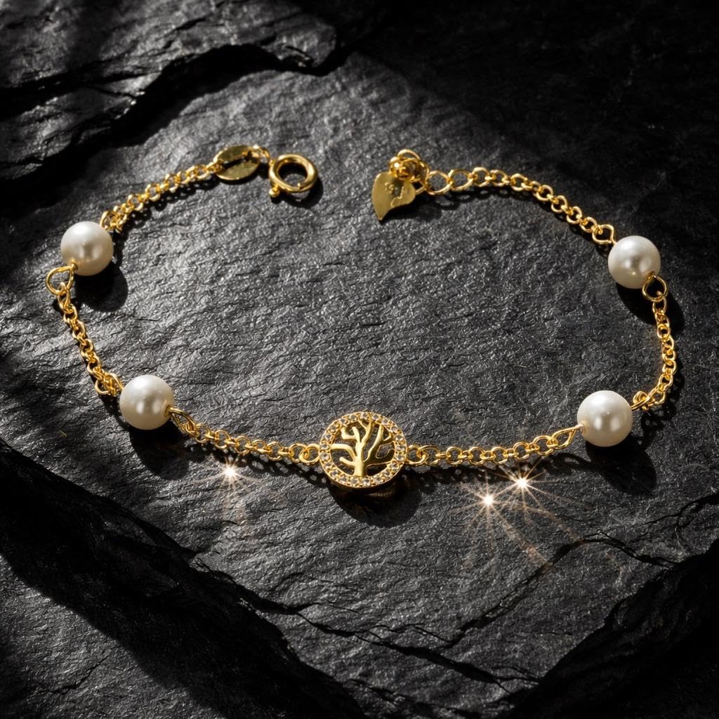 Bracciale per bambini, albero della vita, in argento Sterling placcato oro, con perle coltivate e zirconi, 16 cm + 2 cm, regolabile, prima comunione