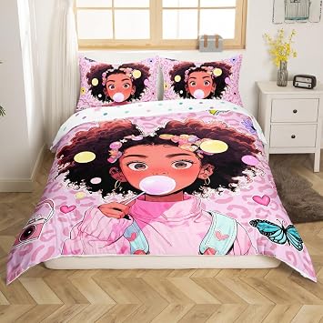 American Cartoon Girl Duvet Cover Set Twin Size,Pink Leopard Cheetah Butterfly Bedding Set,Girls Women Room Decor,African Cute Girl Princess Comforter Cover,Pink Fashion Quilt Cover,1 Pillowcase