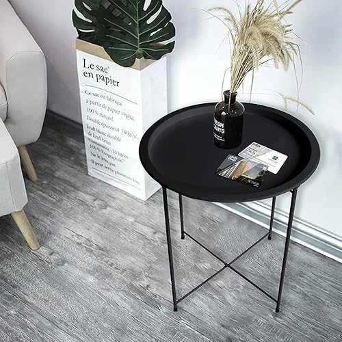 Miniatura 10 de Garden 4 you Bandeja plegable de metal, 2 piezas, mesa auxiliar redonda negra, sofá cian, mesa plegable, bandeja de mesa auxiliar redonda, junto a