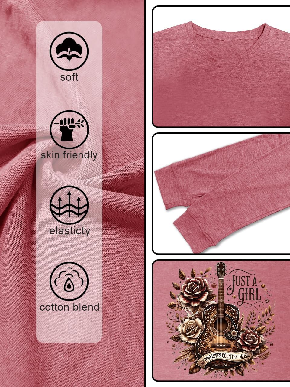 Women Nashville Shirts Vintage Rock Country Music T Shirt Long Sleeve Vacation Loose Fitting Tops - Image 5