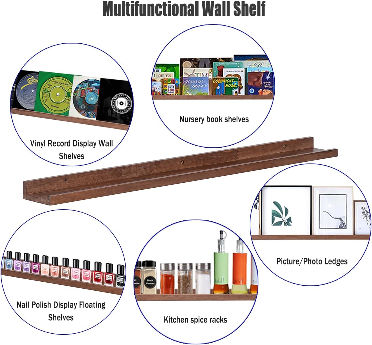 AZSKY 36 Inch Picture Ledge Shelf Rustic Wall Mount Light Walnut Long Narrow Picture Shelves Storage for Books Music Albums Green Plants-Photo Ledge Shelf Set of 3 Mounting Hardware Include