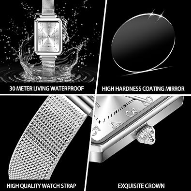 Taxau Watches for Women Small Face Womens Dress Watch Waterproof Ladies Watches Large Number Luxury Analog Quartz Square Dial Mesh Band Easy Read Rose-Gold/Silver Watch reloj para Mujer
