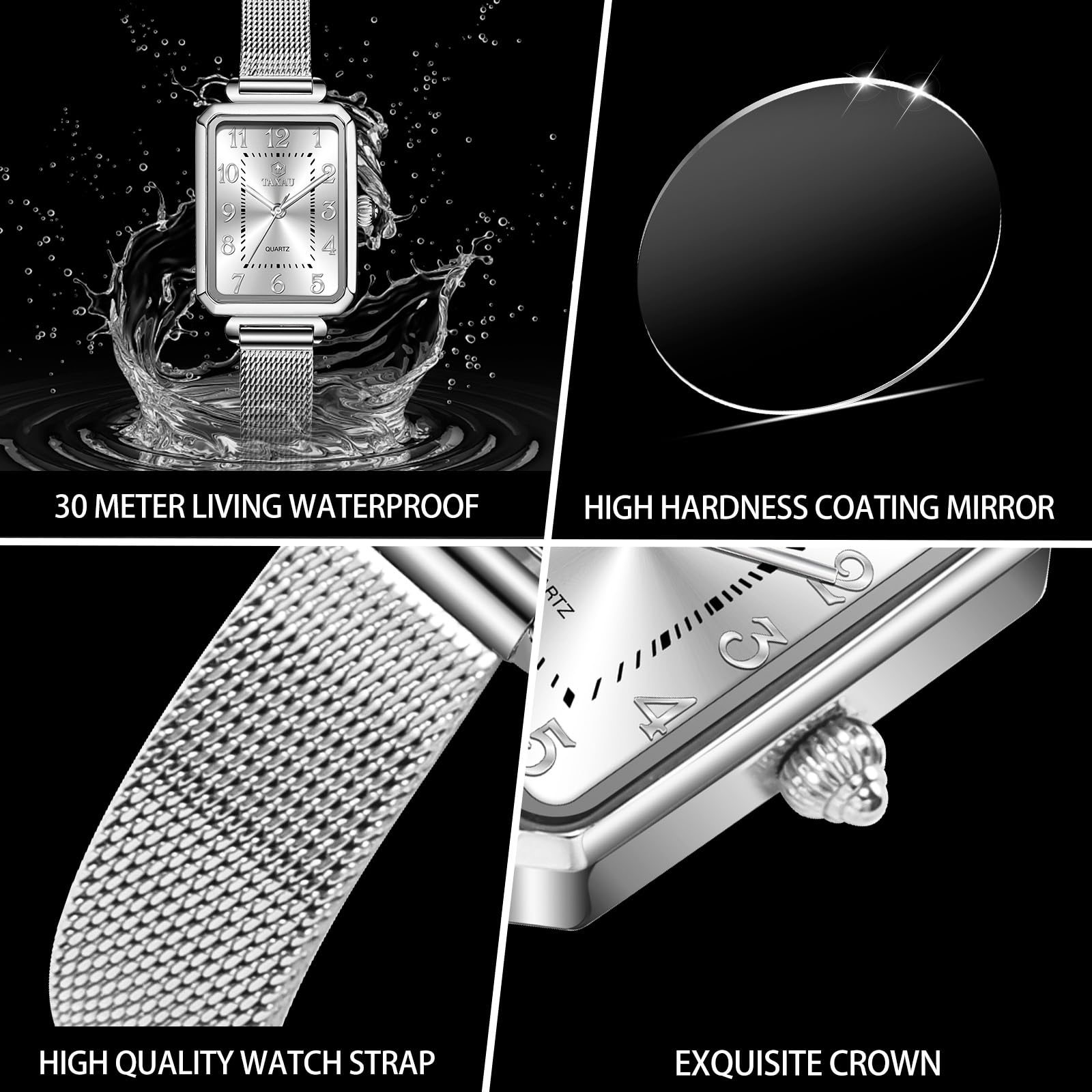 Taxau Reloj de pulsera rectangular para mujer con correa de malla de acero inoxidable, reloj de pulsera rectangular para mujer, reloj de pulsera de oro rosa, resistente al agua, elegante reloj de