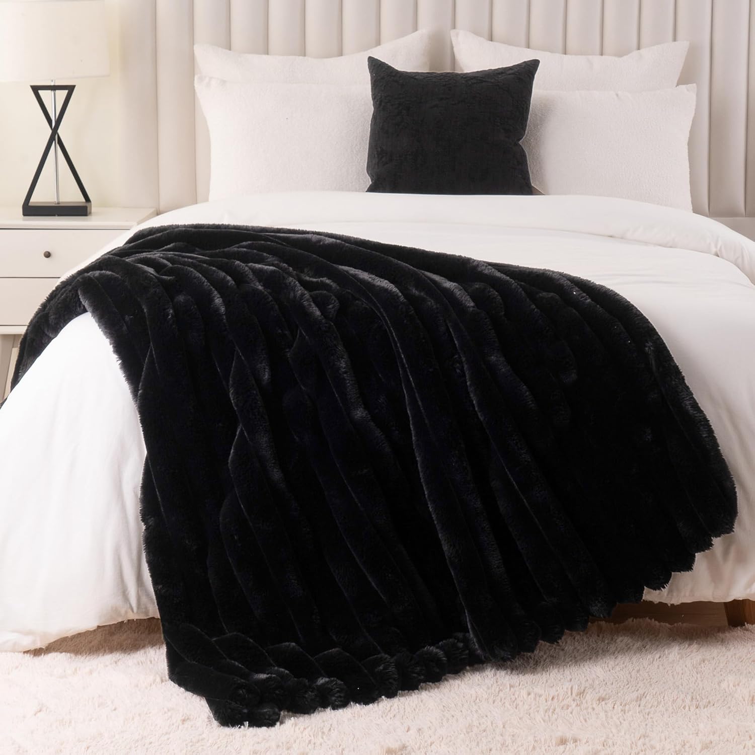 Battilo Faux Fur Throw Blanket, Cozy Warm Plush Striped Rabbit Fur Blanket for Couch and Bed, Super Soft Fuzzy Black Blanket for Living Room Bedroom, Home Decor & Gifts, 50"x60" - Image 6