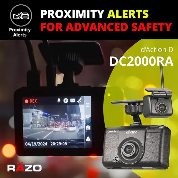 RAZO DC2000RA AI-Enhanced Security Dash Cam: Ultra High Image Quality 2-Channel Front/Rear Camera for Day/Night Time Recording, AI Motion and Proximity Detection, Industry-Leading 171 Viewing Angle