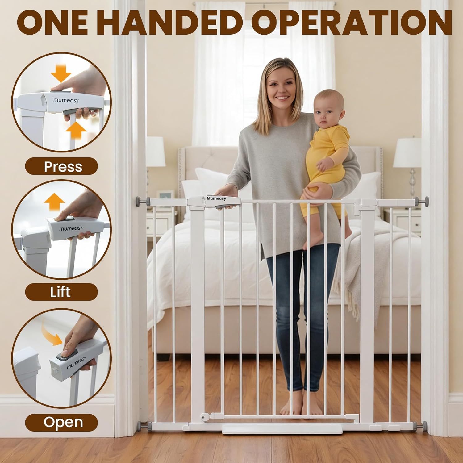 Baby Gate with Door, 26-40" Auto Close Dog Gate Indoor for Stairs Doorways, Easy Install Pressure Mounted Pet Gate, Easy Walk Through Child Safety Gate for the House, White