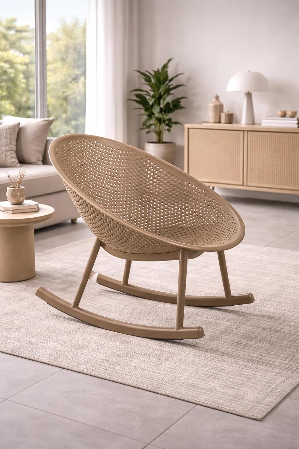 2xhome Patio Rocking Chair | Oval Egg Shaped Lounge Rocker | All Weather Plastic | Modern Accent Side Chair for Indoor or Outdoor Use, Beige, Single, Set of 1