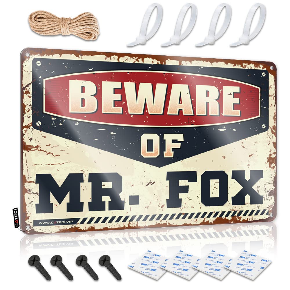 Outdoor Patio Decor Haves Tin Sign - Beware Of Mr. Fox Humorous Metal Wall Art Ready To Hang For Backyard Bar(20X30CM)