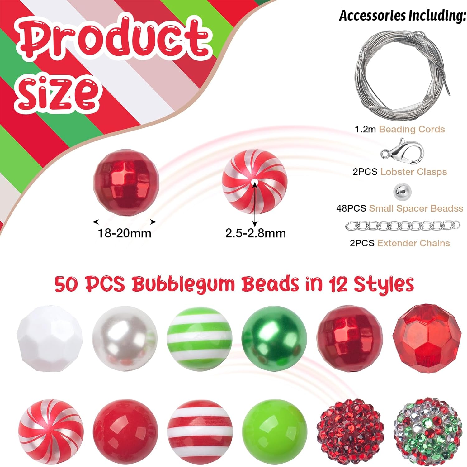 20 mm Bubblegum Beads for Pens Making, 50 PCS Large Focal Pen Beads Bulk, Chunky Christmas Bubble Gum Bead Mix, Colorful Rhinestone Bead for Crafts, Jewelry Making, Keychain, Bracelets, Necklaces - Image 2