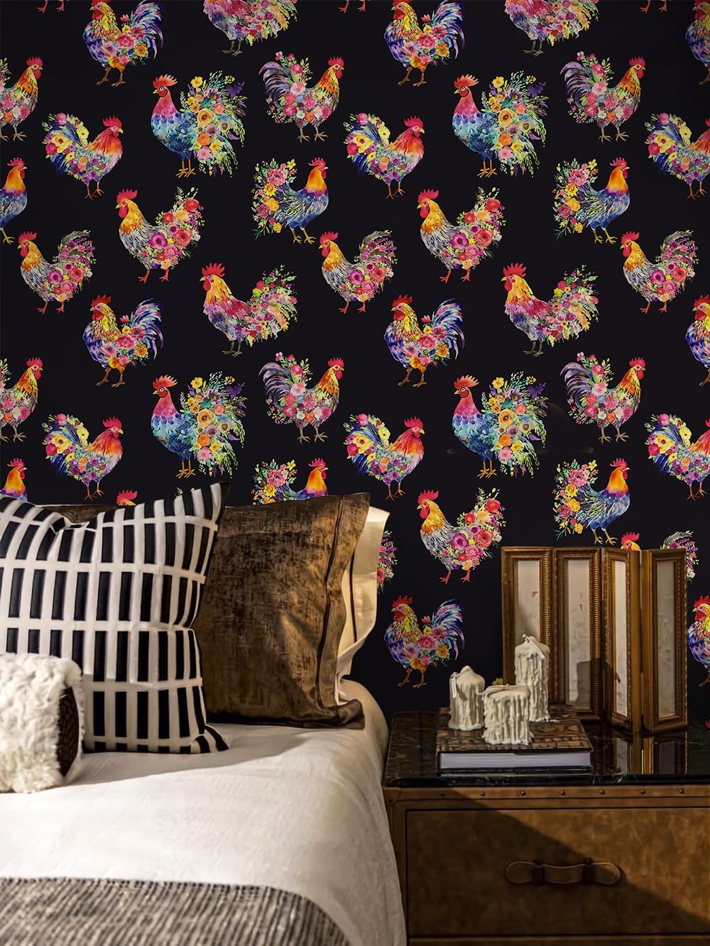 Floralplus Rooster Floral Wallpaper Chicken Peel and Stick Removable Wallpaper for Renter Black Floral Stick On Wallpapers Flower Contact Paper for Cabinet Shelf Locker 17.5 x 118 in