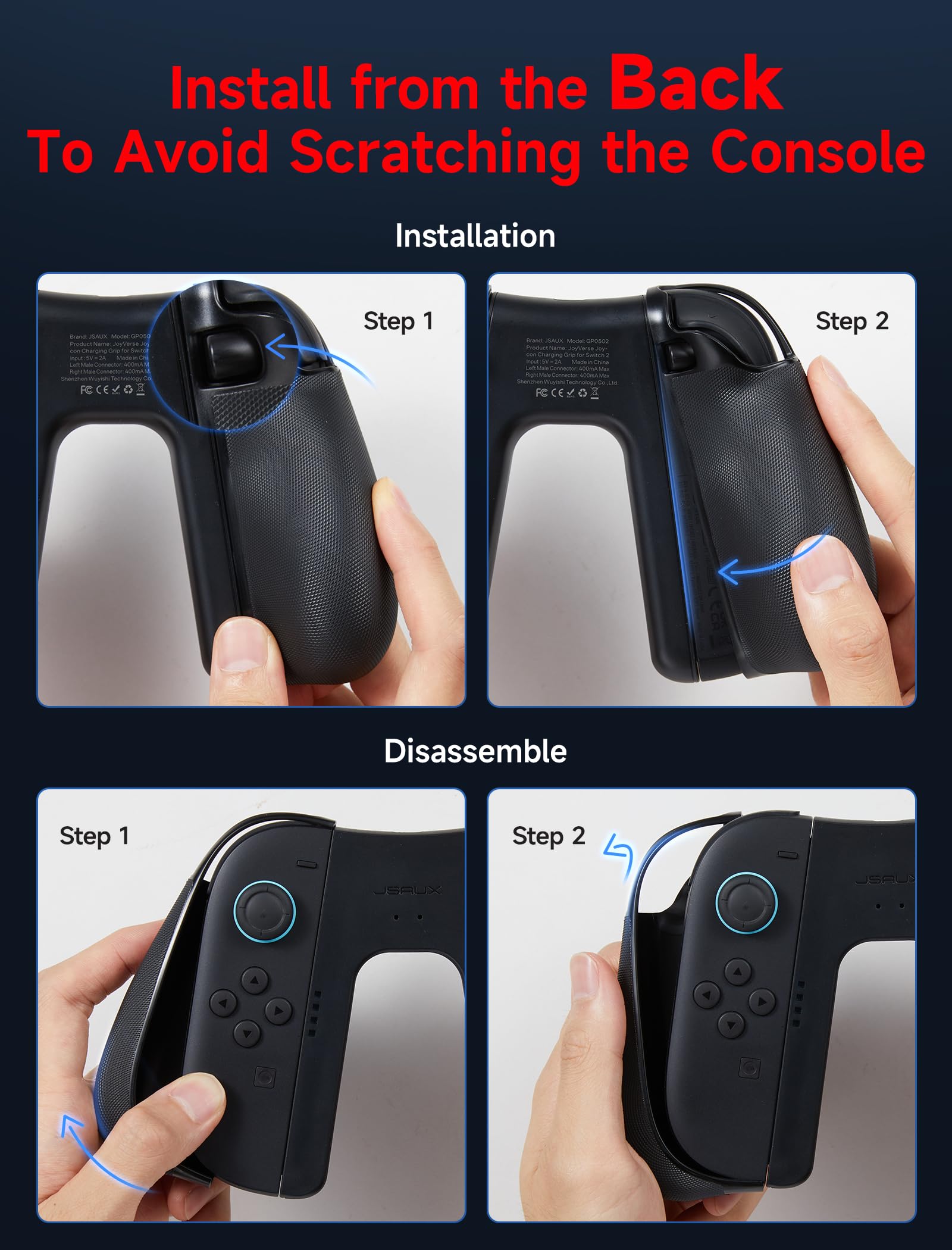JSAUX Antypoślizgowy, ergonomiczny uchwyt ładujący do Switch 2, magnetyczny uchwyt kontrolera do JoyPadów Switch 2, możliwość grania podczas ładowania z diodą LED i kablem 1,5 m – czarny